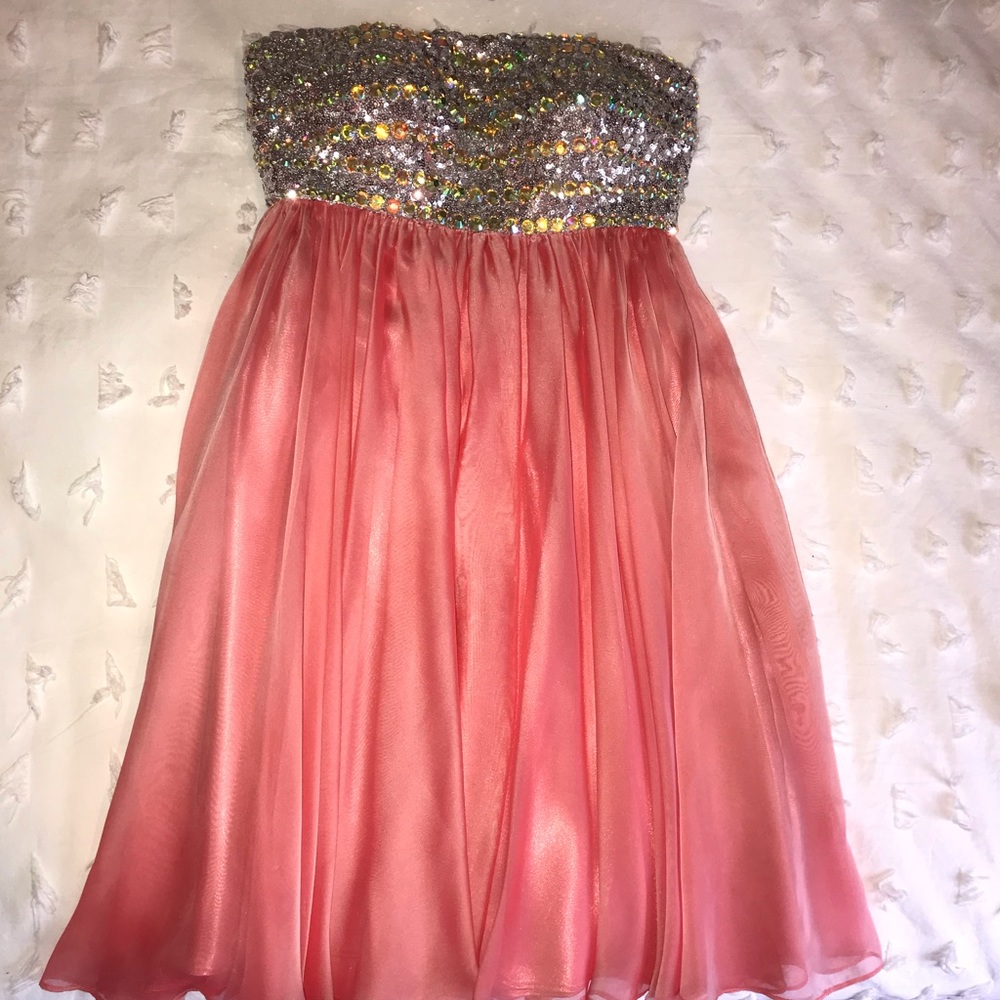 la femme coral flowy dress with sequins